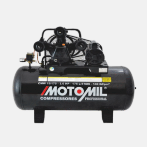 Compressor de ar Motomil utilizado para acionar ferramentas pneumáticas, realizar inflagens e serviços de pintura.