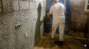 Aplicação de chapisco em parede para preparação do reboco durante a obra.