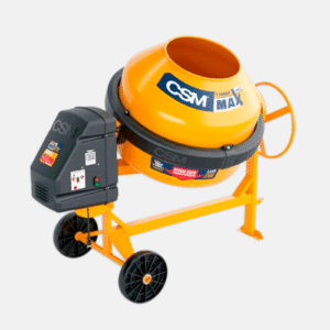 Betoneira amarela CSM com motor elétrico lateral, usada para mistura de concreto em obras.