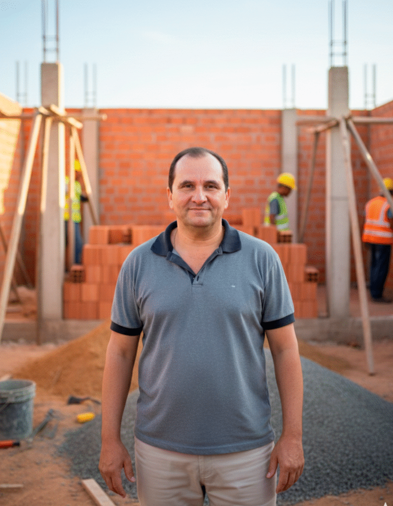 Profissional da construção civil posando em obra em andamento, com paredes de tijolos ao fundo e equipe trabalhando.